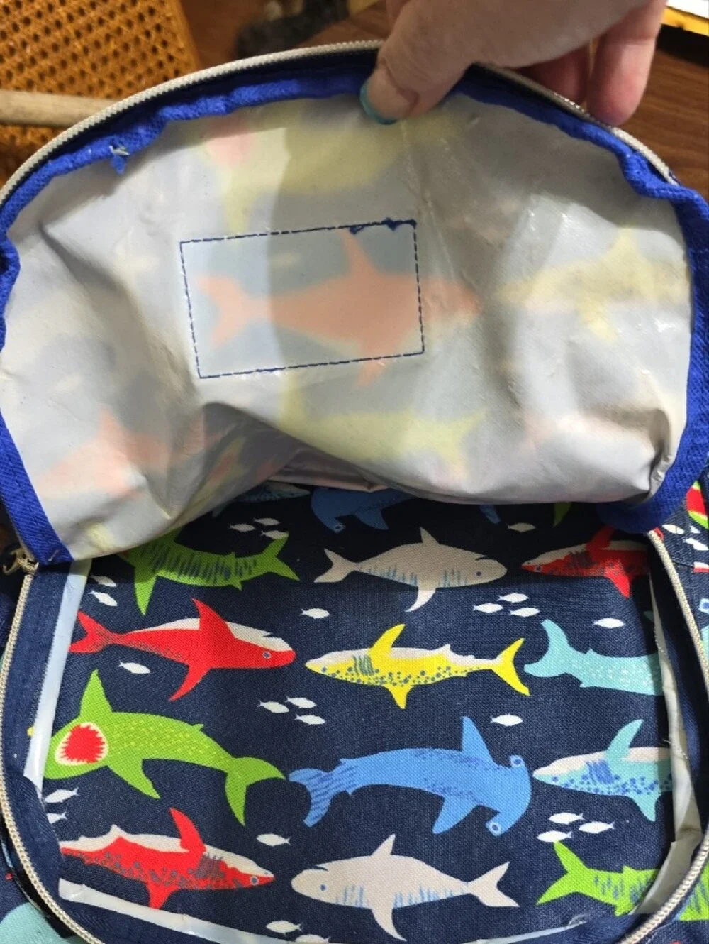 Tommy Bahama Kids Navy Backpack with Multicolor Shark Print